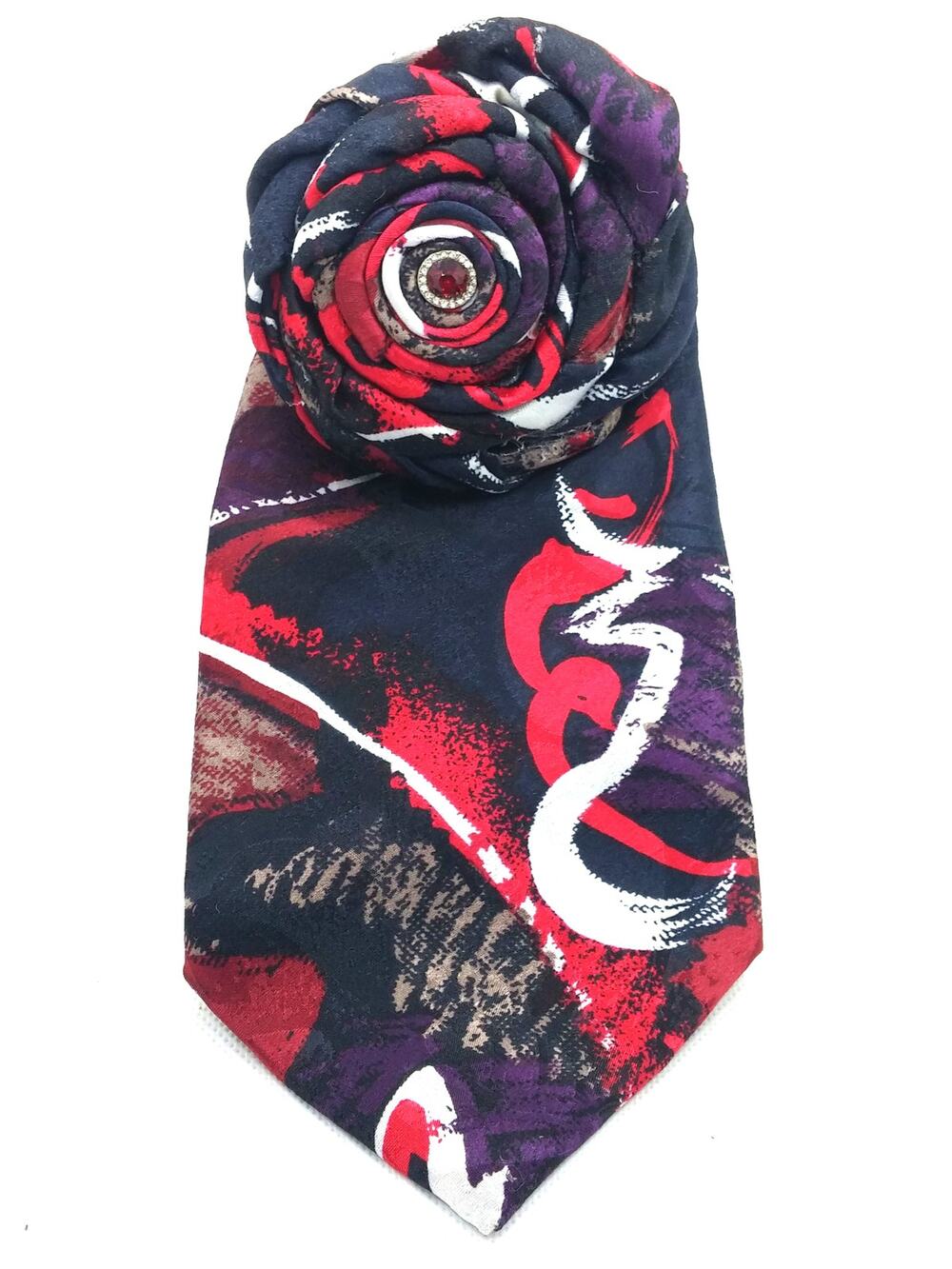Artisan Silk Tie Brooch Vintage Rosette Pin Upcycled Abstract Red Black Purple
